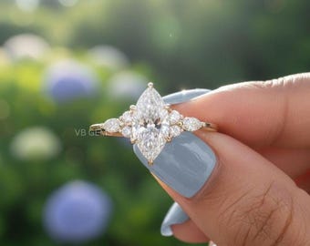 Marquise Diamond Engagement Ring Genuine Lab Grown Diamond Anniversary Ring Unique Proposal Ring for Her Six Claw Prong Setting Ring Gift .