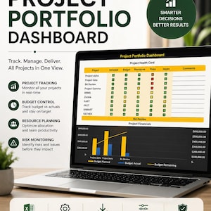 Op de afbeelding: Een laptopscherm met een Excel-sjabloon voor een projectportfolio-dashboard. De interface bevat een projectgezondheidskaart met statusindicatoren, een staafdiagram voor projectfinanciën en tekstlabels voor tracking, budgetbeheer en planning.