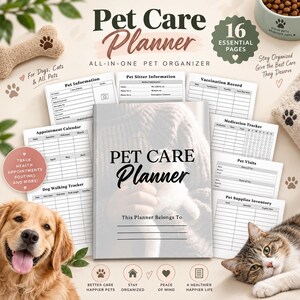 Puede incluir: Un organizador Pet Care Planner con 16 páginas esenciales que incluyen información de la mascota, registros de vacunación, seguimiento de medicamentos, calendarios de citas y registros de paseos. La portada muestra el texto Pet Care Planner.