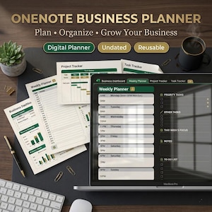 Peut inclure: Un planificateur d'entreprise OneNote affiché sur un écran d'ordinateur portable et des pages imprimées, comprenant un planificateur hebdomadaire, un suivi de projet et un tableau de bord. L'interface inclut des sections pour les tâches prioritaires.