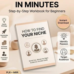 Op de afbeelding: Een werkboek getiteld "How to Find Your Niche" met de tekst "Find Your Niche in Minutes". De cover bevat iconen en de tekst "Stand Out, Attract the Right Audience, Increase Sales". Inclusief "Instant Download" en "PLR + MRR Included".
