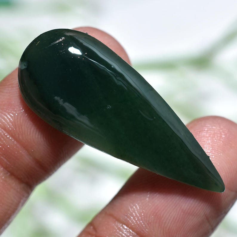 Glossy Finish Green Jade Oval Gemstone, Polished Smooth Flat Back Loose Stone, Natural Green Crystal Cabochon For Pendant/Ring Making 1. 14x36x2mm,/19ct