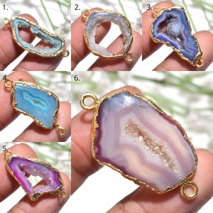 Golden Plating Druzy Quartz Connector, Hollow Agate Gemstone Charm, Electroplated Double Bail Pendant