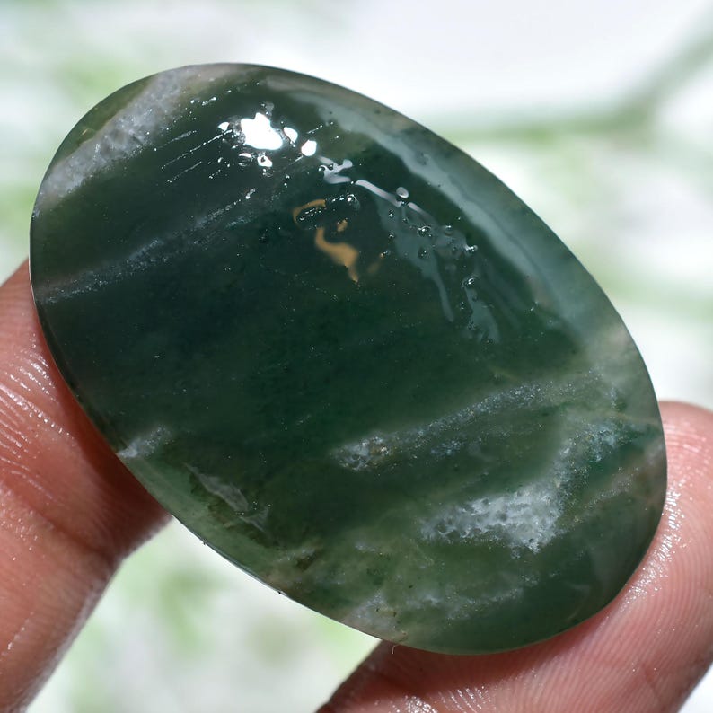 Glossy Finish Green Jade Oval Gemstone, Polished Smooth Flat Back Loose Stone, Natural Green Crystal Cabochon For Pendant/Ring Making 2. 25x38x2mm,/37ct