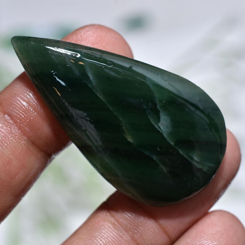 Glossy Finish Green Jade Oval Gemstone, Polished Smooth Flat Back Loose Stone, Natural Green Crystal Cabochon For Pendant/Ring Making 6.  23x45x3mm,/46ct