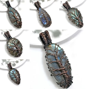 Pendentif arbre de vie en labradorite fait main, cabochon enveloppé de fil de cuivre oxydé en gros, pierre précieuse labradorite bleue brillante naturelle polie