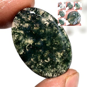 May include: An oval-shaped moss agate gemstone featuring a translucent, clear base with intricate, dark green, fern-like dendritic inclusions throughout. The stone has a smooth, polished surface and is displayed alongside a small collage of other stones.
