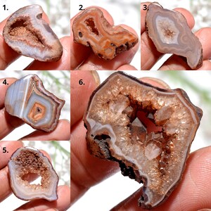 May include: A collection of six polished agate geodes, showcasing a variety of colors and patterns. The geodes are cut to reveal the crystal-lined cavities within, with hues of brown, white, and orange. Each piece has a unique shape and internal structure.