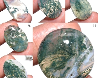 Natural Moss Agate Cabochon, Smooth Flat Back Polished Gemstone, Forest Pattern Druzy-Agate Oval Crystal Cab for Statement Jewelry