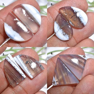 May include: Four pairs of polished gemstone cabochons in various shapes: a circle, two teardrops, two triangles, and two trapezoids. The stones feature a mix of white, brown, and translucent colours, with visible banding patterns. Ideal for jewellery making.