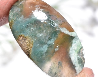 Rare Moss Agate Cabochon, Red & Green Forest Pattern Agate, Flat Back Oval Shape Gemstone, Smooth Polished Moss Crystal for Pendant Jewelry