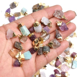 Multi Gems Rough Electroplated Charm, Raw Stone Single Bail Connector, Handmade  Rough Gemstone Link Connector Charms For Pendant & Bracelet