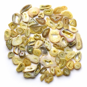 May include: A collection of numerous small, irregularly shaped agate slices in various shades of yellow, gold, and translucent white. Each piece features a unique crystalline center with a polished, smooth outer edge, displaying natural mineral banding.