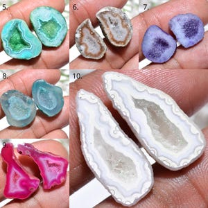 May include: A collection of colorful, polished geode slices. The geodes display a variety of colors, including green, blue, purple, pink, and white, with crystalline interiors and banded edges. These natural stone specimens are ideal for jewelry making or display.