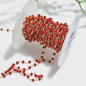 Red Ruby Rosary Chain, Micro Cut Rondelle Beads Chain, Gold Plated Wire Wrapped Crystal Chain, Faceted Tiny Loose Gemstone Chain for Jewelry