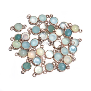 Aqua Chalcedony Connector Lot, Rose Gold Plated Double Loop Charm, Smooth Flat Back Gemstone