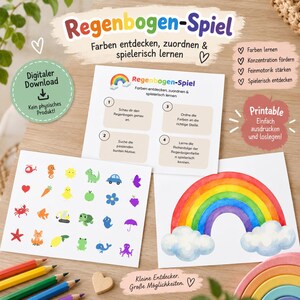 Op de afbeelding: Een printbare regenboogspelset met een kleurrijke aquarelregenboog met wolken, een vel met kleine iconen en instructiekaarten met de tekst Regenbogen-Spiel, Farben entdecken, zuordnen & spielerisch lernen en Digitaler Download.