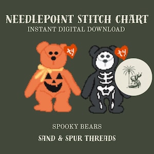 May include: A needlepoint stitch chart digital download titled SPOOKY BEARS by SAND & SPUR THREADS. It features two pixelated bears: an orange bear with a jack-o'-lantern face and yellow bow, and a black bear with a white skeleton print.