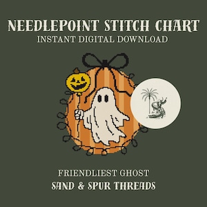 May include: A needlepoint stitch chart digital download featuring a white ghost holding a yellow jack-o'-lantern balloon in front of an orange pumpkin. The design includes a black bow and string lights. Text reads: NEEDLEPOINT STITCH CHART, INSTANT DIGITAL DOWNLOAD, FRIENDLIEST GHOST, SAND & SPUR THREADS.