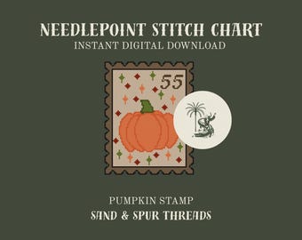 May include: A needlepoint stitch chart digital download featuring a postage stamp design with an orange pumpkin, the number 55, and small star motifs. The text reads NEEDLEPOINT STITCH CHART, INSTANT DIGITAL DOWNLOAD, PUMPKIN STAMP, SAND & SPUR THREADS.