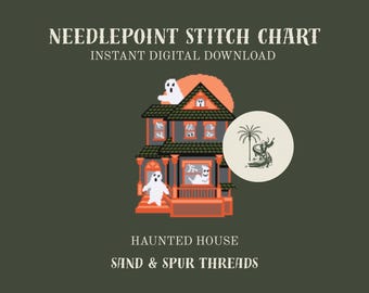 Op de afbeelding: Een digitaal borduurpatroon voor needlepoint met een gepixeld spookhuis in oranje en grijstinten, witte geesten en een rond logo met een palmboom en alligator. De tekst luidt NEEDLEPOINT STITCH CHART, HAUNTED HOUSE, SAND & SPUR THREADS.