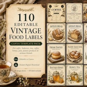 110 Editable Vintage Coffee & Food Labels | Canva Label Template Bundle | Bakery, Honey, Tea, Jam, Cookie Packaging | Printable Labels