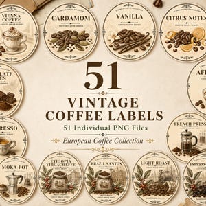 May include: A collection of 51 circular vintage coffee labels featuring illustrations of coffee beans, brewing equipment, and flavour profiles. The text includes titles like Vienna Coffee, Cardamom, Vanilla, Citrus Notes, and 51 Vintage Coffee Labels.