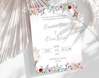 Floral Wedding Invitation Card, Editable Canva Template (Digital Card)
