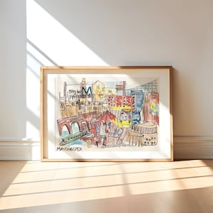 Manchester Scene Painting/UK Wall Art/Travel illustration/Art print/A5, A4/Wall Art/Birthday present/Housewarming gift/Anniversary