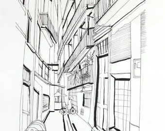 European Artwork Street View Drawing Print Alleyway Print Linear Print Black And White Perspective Print Architecture Art Collectibles Drawing Illustration Jan Takayama Com