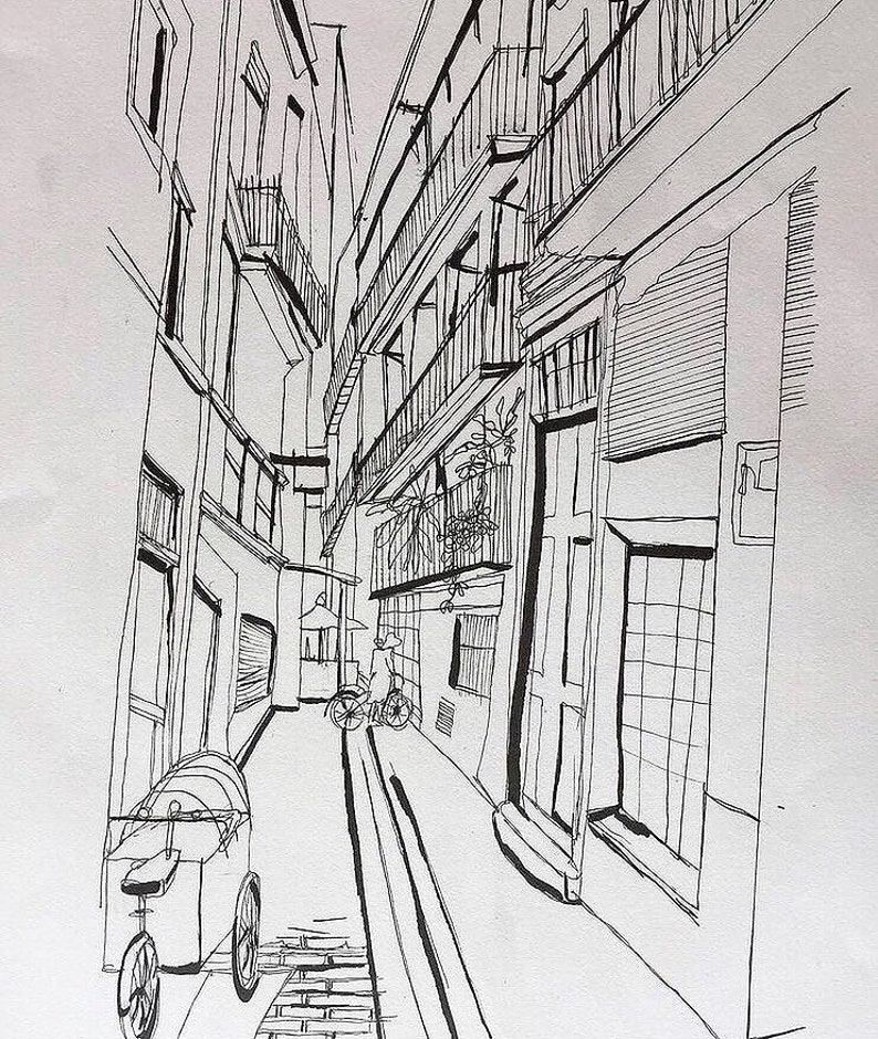 European Artwork Street View Drawing Print Alleyway Print Linear Print Black And White Perspective Print Architecture Art Collectibles Drawing Illustration Jan Takayama Com