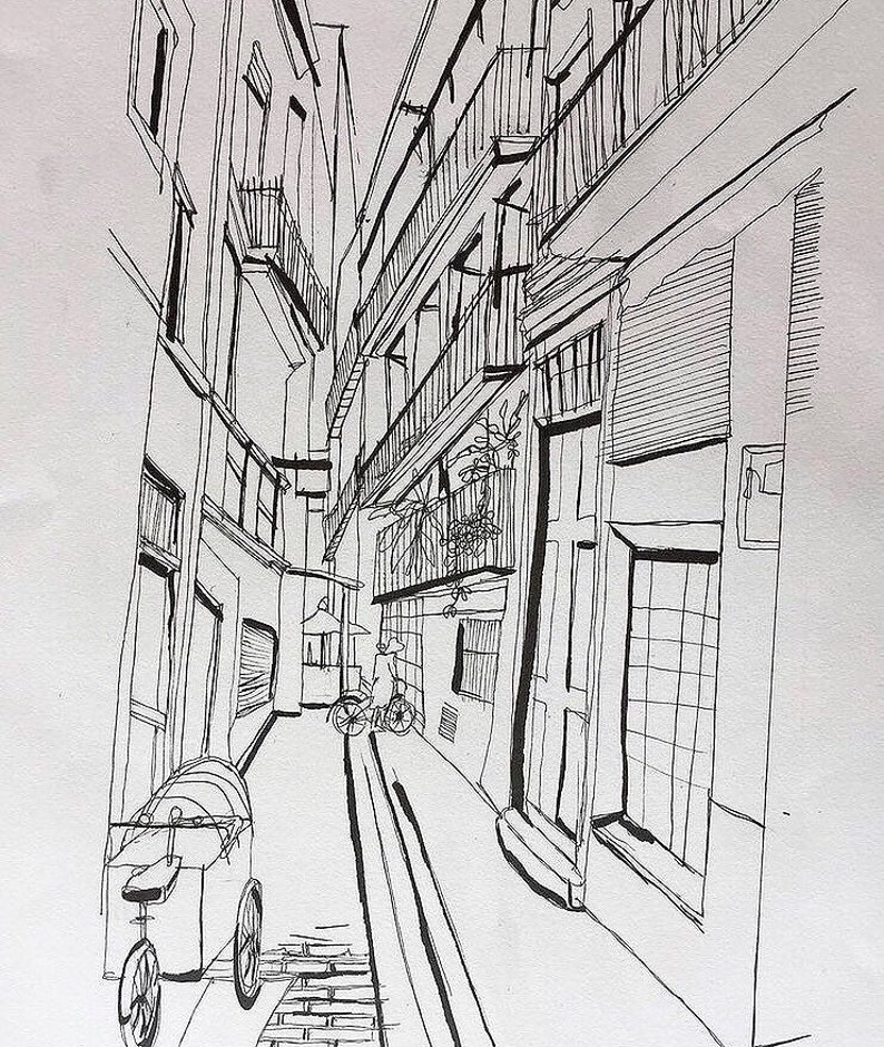 European Artwork Street View Drawing Print Alleyway Print Linear Print Black And White Perspective Print Architecture Art Collectibles Drawing Illustration Jan Takayama Com