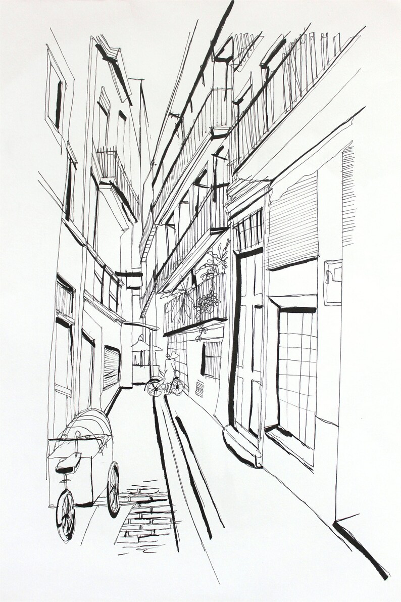 European Artwork Street View Drawing Print Alleyway Print Linear Print Black And White Perspective Print Architecture Art Collectibles Drawing Illustration Jan Takayama Com