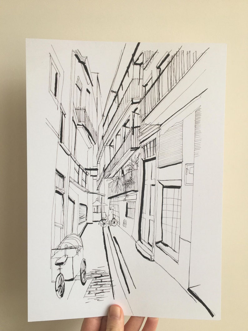European Artwork Street View Drawing Print Alleyway Print Linear Print Black And White Perspective Print Architecture Art Collectibles Drawing Illustration Jan Takayama Com