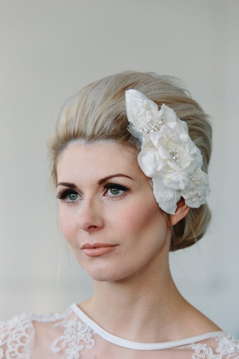 Floral vintage style headpiece Octavia design, handmade flower jewelled headpiece with or without birdcage veil image 1