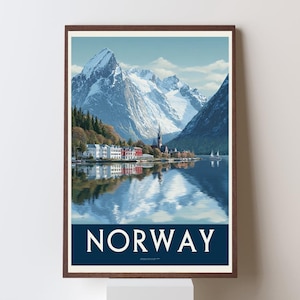 Norway Travel Poster – Vintage Fjord Landscape Wall Art, Scandinavian Mountains Print, Nordic Nature Home Decor