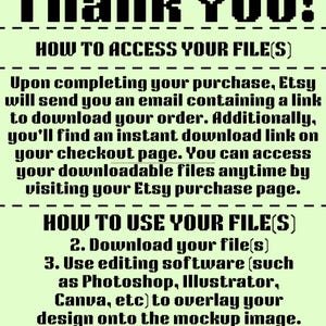 May include: A digital download graphic with the words "Thank You!" in bold, black, pixelated font. Below, instructions detail how to access and use the files, including downloading and using editing software like Photoshop.