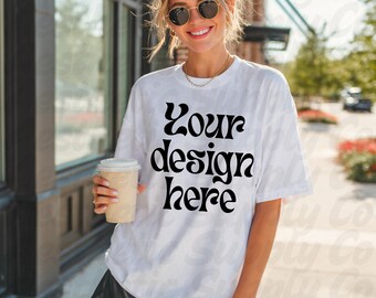 Comfort Colors Mock White Shirt Mockup Coffee Mockup Preppy Mockup Lifestyle Mockup Streetwear Mockup White Tee Mockup Model Mockup