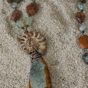Long Jasper, Prehnite & Copper Link Necklace with Ammonite Pendant