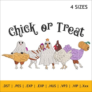 Chick or Treat Chicken Halloween Embroidery, Fun Spooky Costume Pattern for Shirts, Hoodies, Sweatshirts and Trick or Treat Outfits | 4Sizes