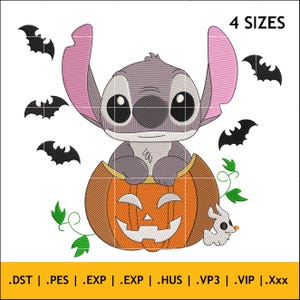 Halloween Spooky Stitch in Pumpkin Embroidery Design 4 Sizes Cute Character Inspired Instant Download Embroidery Pattern