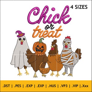 Chick or Treat Halloween Embroidery, Spooky Pumpkin and Mummy Chicken Pattern for Shirts, Hoodies, Tote Bags and Seasonal Outfits | 4 Sizes