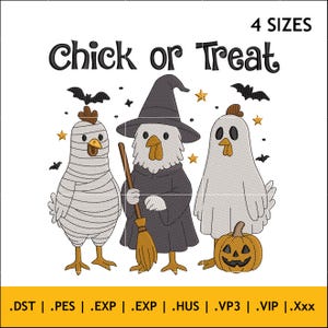 Chick or Treat Halloween Embroidery Design, Cute Chicken in Costume Pattern for Sweatshirts, Shirts and Farmhouse Halloween Apparel| 4 Sizes