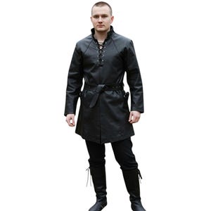 Real Leather Medieval Tunic Black Belted Jerkin Coat | Renaissance Faire Cosplay Costume | Gothic LARP Armor Jacket for Men