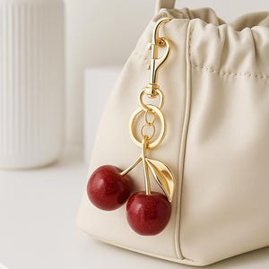Porte-clés cerise dorée - Joli pendentif fruit scintillant pour sac à main, sac ou sac à dos - Accessoire de sac cerise rouge