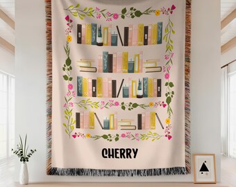 Custom Book Lover Woven Blanket,Personalized Name Woven Blanket,Wildflowers Bookish Blanket,Bookshelf Blanket Gift for Bookworm,Xmas Gift