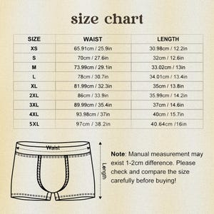 May include: Size chart for underwear, with waist and length measurements in both centimeters and inches. Sizes range from XS to 5XL. The chart includes a diagram of the underwear and a note about manual measurement differences.
