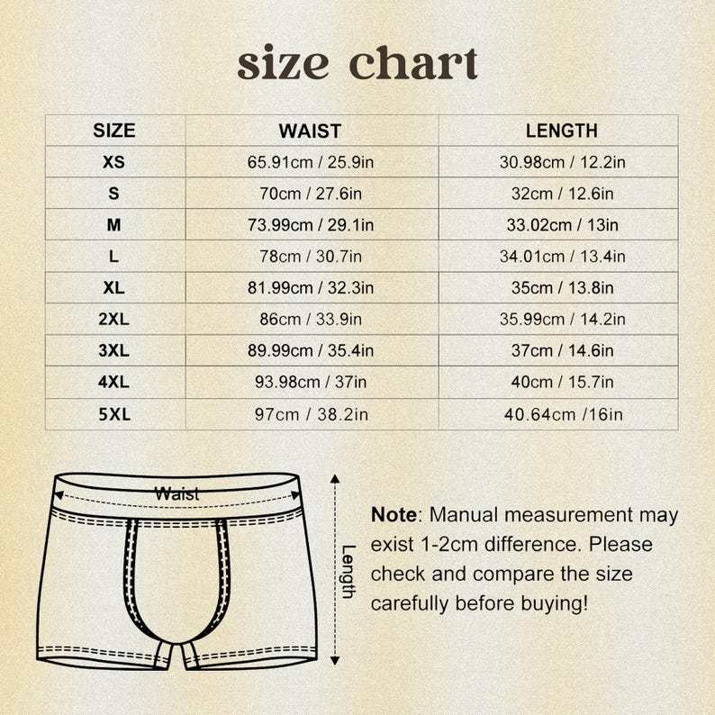May include: Size chart for underwear, with waist and length measurements in both centimeters and inches. Sizes range from XS to 5XL. The chart includes a diagram of the underwear and a note about manual measurement differences.
