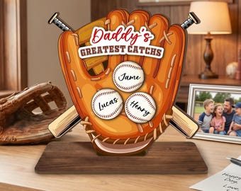 Personalized Daddy’s GREATEST CATCHS Wooden Plaque With Stand, Custom Kid's Name Baseball Sign, Father's Day Gift, Gifts for Baseball Papa