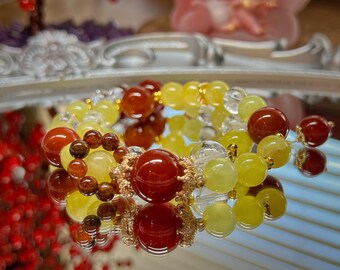 Red Agate Prehnite Beaded Bracelet,Unique Handmade Oriental Jewelry,Lucky Charm Bracelet for women,wealth talisman,Gifts for Her,赤焰凝珠 · 青丘玉露
